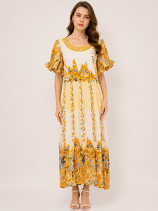 Wholesale Comfortable Yellow Color Floral Print Western Dress Round Neck <b>Mirror</b> Work Flutter Sleeve High Waist Women's Wear - Product Image 1