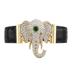 Haute joaillerie elephant <b>bracelet</b> in 18K yellow gold with pave diamonds emerald centerpiece and black <b>leather</b> strap luxury - Product Image 1