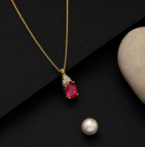 925 Sterling Silver 6x8mm Oval Shape <b>Ruby</b> Quartz Gold Plated Pendant <b>Necklace</b> With Cubic Zircon Women's Everyday Wear Link Chain - Product Image 5