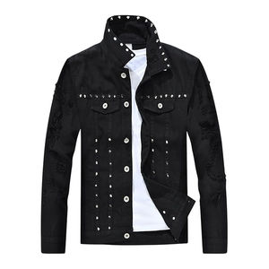 Men's Black Denim <b>Jacket</b> Punk Style Turn-down Collar Rivet Decorated Slim Fit Winter Breathable <b>Sherpa</b> <b>Lined</b> Ripped Detail - Product Image 1