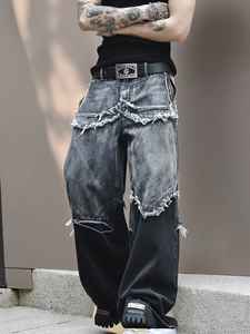 กางเกงยีนส์ผู้ชายสั่งทำขายส่ง ตัดต่อสองสี ล้างแบบวินเทจ เป็นมิตรกับสิ่งแวดล้อม เอวกลาง ทรงขากว้าง สไตล์ไฮสตรีท 100% - Product Image 6