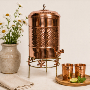 Distributeur d'eau en cuivre pur avec support et robinet, réservoir d'eau ayurvédique martelé artisanal pour la maison et le bureau, pot de stockage d'eau - Product Image 4