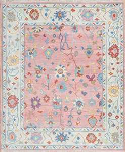 Alfombra Oushak de lana anudada a mano de lujo |   Alfombra Oriental Hecha a Mano de Estilo Oushak Turco Tradicional de Color Rosa para Decoración de Sala de Estar - Product Image 1