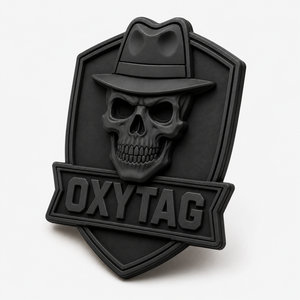 Patch en PVC Oxytag, motif crâne avec chapeau, à coudre, design en relief, noir, prix de gros, personnalisable OEM, meilleur patch en PVC, prix abordable - Product Image 1
