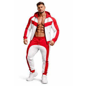 Conjunto de chándal rojo y blanco con contraste para hombre – Sudadera con capucha y cremallera y pantalones jogger, ropa deportiva ajustada para gimnasio, conjunto informal para fitness - Product Image 1