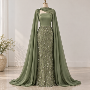 Robe de soirée sirène vert menthe longue sans manches avec châle, ornée de perles, taille naturelle, écologique - Product Image 1