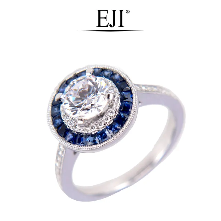 Sapphire Halo Diamond Ring In 14K White Gold | Real Gold Natural Gemstone Customisable