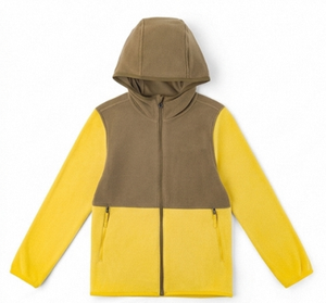 Men's <b>Hooded</b> <b>Fleece</b> <b>Jacket</b> Yellow Brown Color Blocking Casual Autumn Wear Zipper Closure Regular Fit - Product Image 1