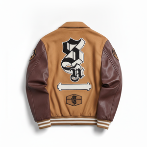 Veste varsity marron pour homme, manches en cuir, patch brodé, veste bomber de baseball, col rabattu, décontractée, automne - Product Image 3