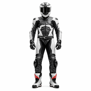 Traje de Motociclismo Personalizado, de Cuero, Completo, en Negro, Blanco y Gris, con Protección, Sin Logotipo, OEM - Product Image 1
