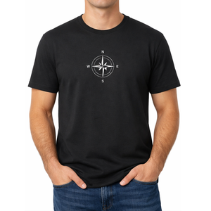 เสื้อยืดผ้าฝ้ายสีดำสำหรับผู้ชายที่เป็นที่ต้องการสูง |    ลายพิมพ์กราฟิกเข็มทิศสีขาว |   เสื้อผ้าลำลองแนวสตรีทแขนสั้นระดับพรีเมียม |    จุดเชื่อมต่อสำหรับนำทาง - Product Image 1