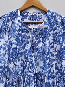 Premium Blue Cotton Floral Block Print Midi <b>Dress</b> With Puff Sleeve <b>Loose</b> Fit V-Neck Casual Summer <b>Dress</b> - Product Image 2