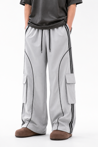 Pantalon cargo ample gris clair pour homme, style streetwear, coupe décontractée, pantalon utilitaire, pantalon de sport décontracté, taille élastique - Product Image 1