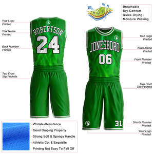Ensemble d'uniformes de basketball personnalisés blanc et vert herbe en polyester recyclé, sublimation, anti-bactérien, maillot et short d'équipe unisexe, OEM - Product Image 2