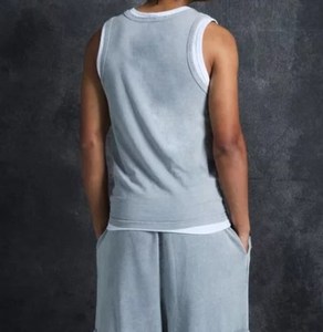 Camiseta sin mangas de doble capa para hombre, estilo casual, de algodón desgastado con lavado ácido, colores contrastantes, transpirable, tejido de punto, ¡la más vendida! - Product Image 2