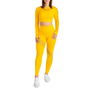 Ensemble de yoga pour femme Index, couleur unie, haut court taille haute, leggings longs, panneau en mesh respirant, sans couture, ensemble 2 pièces - Product Image 4