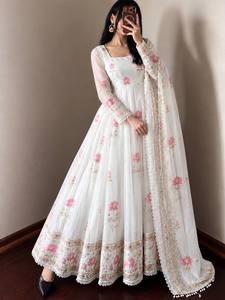 White Floral Embroidered Silk Anarkali Suit With Dupatta Floor-Length Traditional Wedding Gown For Women India Pakistan Style - Product Image 1
