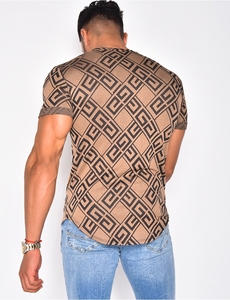 Camisa Casual de Punto de Manga Corta con Estampado Geométrico para Hombre, Cuello en V, Estilo Veraniego - Product Image 3