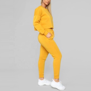 Women Yellow Crew Neck Full Sleeve Solid Color Casual <b>Tracksuit</b> With Drawstring Waist And Side Pockets Regular Fit Autumn Wear - Product Image 2