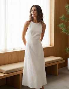 Vestido Largo de Lino Blanco para Mujer, Cuello en V, Sin Mangas, Ecológico, Casual de Verano con Aberturas Laterales - Product Image 5