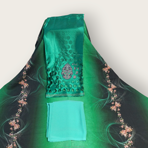 Emerald <b>Green</b> Luxury Swiss Dirac Printed Fabric with Embroidered Front Panel for Somali Wedding Party Wear - Product Image 1