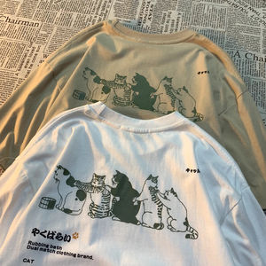 Camiseta de manga corta con estampado de gato de dibujos animados para mujer, Top holgado y versátil de verano, ropa informal y a la moda para la calle - Product Image 1