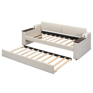 Divano letto beige a una piazza e mezza con braccioli contenitori e letto estraibile, design imbottito e porta USB (Vecchio SKU GX000547AAA) - Product Image 3