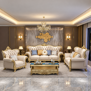 Luxury Modern European Living Room <b>Sofa</b> Set Tufted Cream Upholstered Couch with <b>Gold</b> Carved Wood Frame - Product Image 1