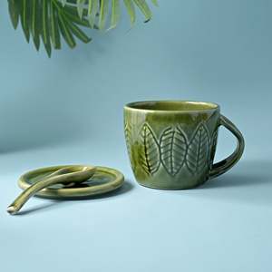 <b>Green</b> Bliss Ceramic Cup Set of 4 200/300ml <b>Microwave</b> Safe Milk Mugs with Tray Featuring Unique Pattern and Logo - Product Image 2
