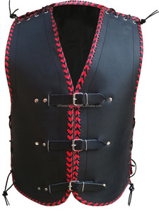 <b>Men's</b> Black Genuine Leather Waterproof Winter Solid Gothic <b>Vest</b> with <b>Red</b> Stitching Zipper Closure and 100% Polyester - Product Image 6