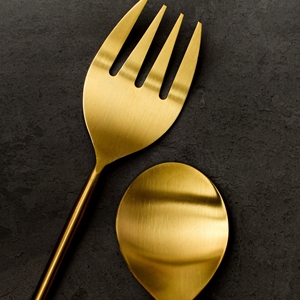 Ensemble de couverts de luxe en acier inoxydable doré mat, avec manche fin et pointe sphérique, pour service de salade, cuillère et fourchette, pour buffet et table de salle à manger - Product Image 4