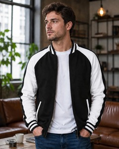 <b>Men's</b> Black And <b>White</b> Varsity <b>Jacket</b> Zipper Closure Casual Style Autumn Wear Regular Fit Solid Color Polyester Material - Product Image 2