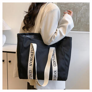 High Capacity <b>Canvas</b> <b>Tote</b> Bag with Contrast Lettering Straps Durable Cotton Handbag for Daily Travel and Shopping - Product Image 4