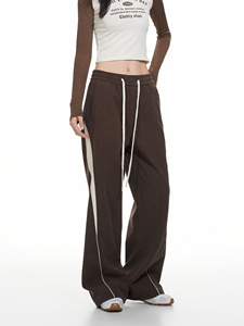 Pantalon de survêtement large pour femme, marron uni, avec bande latérale, cordon de serrage, coupe décontractée ample, longueur intégrale, en maille, style automne - Product Image 2