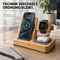 Organisateur de bureau moderne en bambou modulaire 3-en-1, compatible avec la recharge de téléphone, montre et écouteurs, écologique, avec chargeur remplaçable