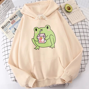 Sweat-shirt à capuche pour femme, imprimé mignon fraise lait grenouille, tendance professionnelle, décontracté, en polaire douce pour l'automne - Product Image 4