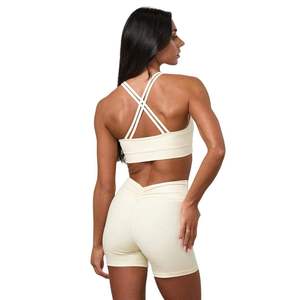 Sujetador deportivo con logo personalizado, cuello en V fruncido, de alto soporte y acolchado para mujer, top corto para gimnasio, fitness y ropa deportiva al por mayor. - Product Image 2