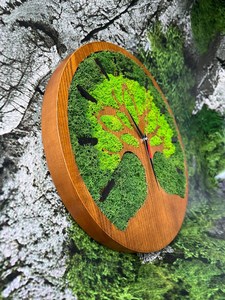 นาฬิกาแขวนผนังไม้ดีไซน์เฉพาะตัว ประดับมอสคงรูป ไม่มีเสียงติ๊ก นาฬิกาแขวนผนังทำจากมอสและไม้สั่งทำพิเศษ นาฬิกาลายพฤกษศาสตร์ ของขวัญสำหรับตกแต่งบ้าน - Product Image 3