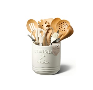 Support à ustensiles en céramique haute résistance au feu, design à rebord incliné, détails en relief, base stable, organisateur de rangement pour comptoir de cuisine - Product Image 2