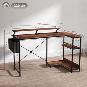 58\" Reversible L Shaped <b>Rustic</b> Brown Computer <b>Desk</b> with Monitor Stand Bookshelf Power Outlets and LED Lights Corner <b>Desk</b> - Product Image 3