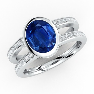 14K Gold Bezel-Set Oval Cut Natural Blue Sapphire Dual Shank <b>Ring</b> with Pave Accent Diamond <b>Customized</b> Jewelry Engagement <b>Ring</b> - Product Image 1
