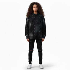Sweat à capuche décontracté d'hiver personnalisé en gros, avec poches et strass, effet délavé, 100% coton, tissu de qualité supérieure, écologique - Product Image 5