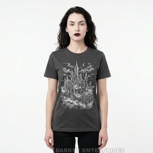 Camiseta Gótica Personalizada para Mujer, Fabricante de Camisetas con Estampado Gráfico de Catedral de Cuervos, 100% Algodón, Ropa Urbana, Tops Punk para Mujer, Fábrica OEM - Product Image 3