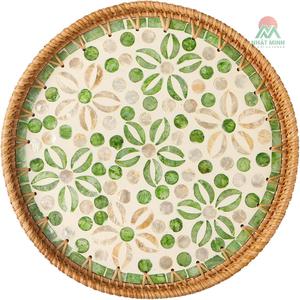 ถาดหวายทรงกลมฝังมุก, ถาดหวายตกแต่งฐานไม้, ถาดสานงานฝีมือ - Product Image 1