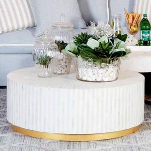 Table basse élégante de conception minimaliste sophistiquée faite à la main blanche rayée d'os d'incrustation pour les meubles de maison sophistiqués - Product Image 1