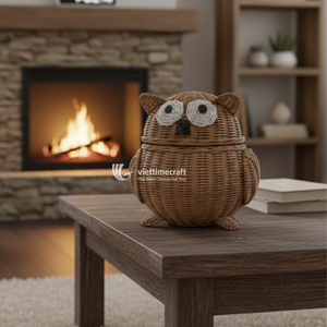 Owl-Shaped Rattan Storage <b>Basket</b> <b>with</b> <b>Lid</b>-Kids Animal-Themed Storage Solution - Product Image 5