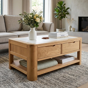 Mesa de Centro de Madera de Estilo Tradicional Premium OEM/ODM con Estante Abierto y 2 Cajones para Sala de Estar, Precio al por Mayor - Product Image 1