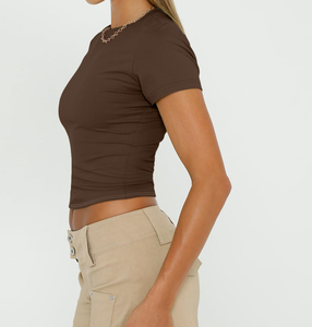 Camiseta de algodón lisa para mujer, suave, informal, transpirable, de manga corta, para verano, con logo personalizado, a la moda. - Product Image 5