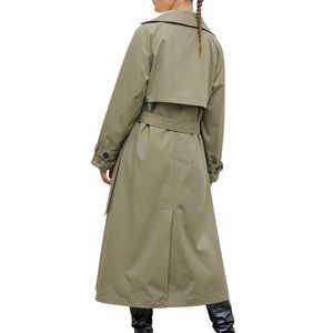 Manteau trench personnalisé vert olive avec rabat coupe-vent, ceinture et longueur genou, en tissu sergé résistant à l'eau et respirant - Product Image 2