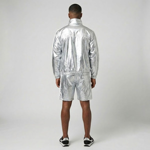 Custom OEM Silver Metallic Tracksuit Set Men Satin Shiny Windbreaker <b>Jacket</b> with Shorts <b>Gothic</b> Embroidery Logo Streetwear - Product Image 4